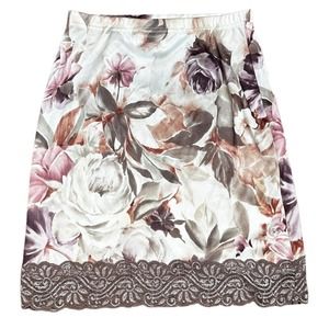 Vintage 90s Floral Print Mini Skirt Brown Pink Lace Stretchy Slip Amy Byer XS/S